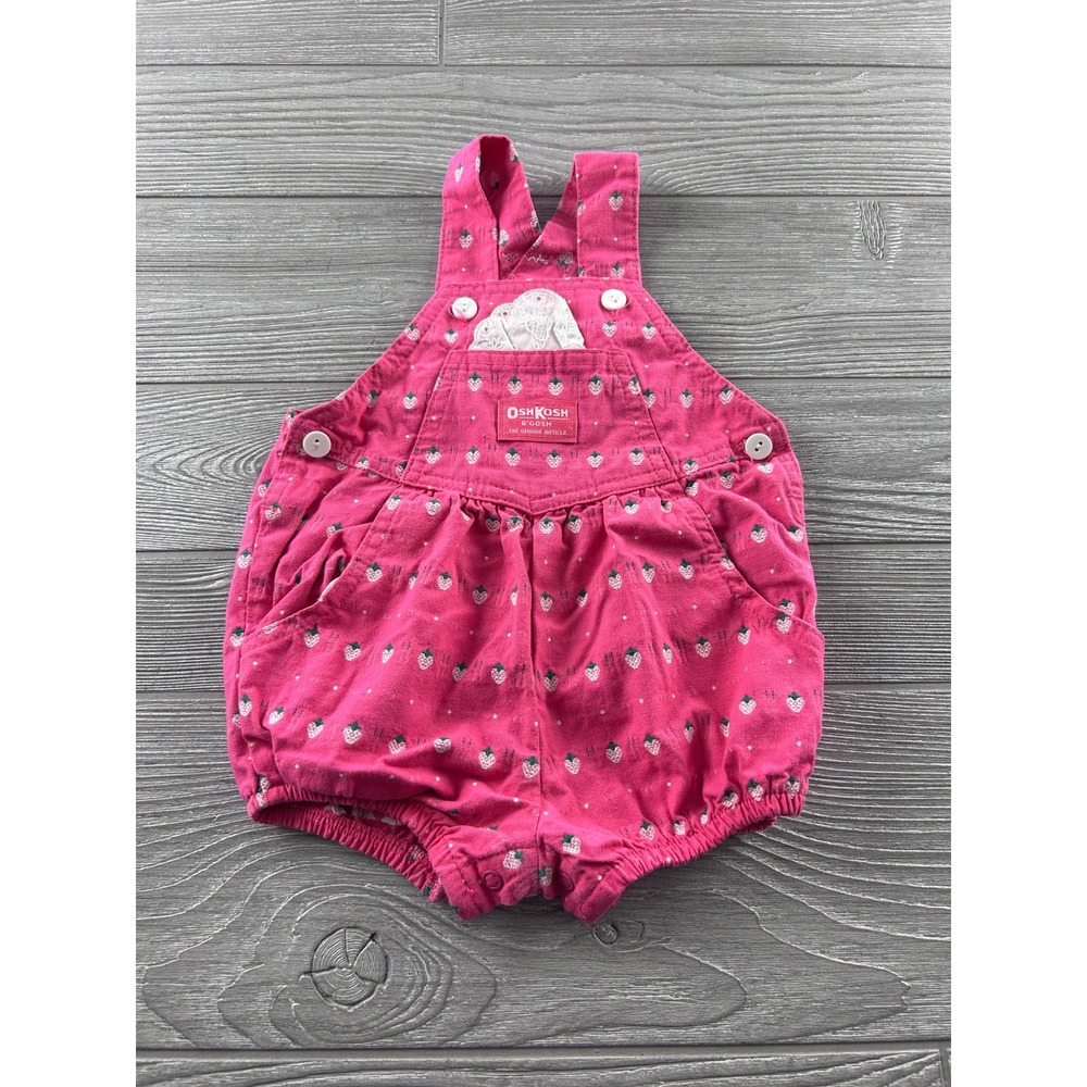 Vintage OshKosh Bgosh Pink Strawberry Bubble Overalls 18M Cotton Shortalls 1574